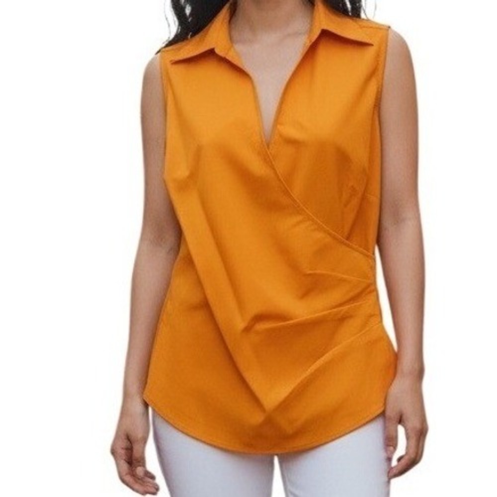 EXPRESS Vibrant Orange Wrap Front Sleeveless Ruched Side Blouse EUC Size 8